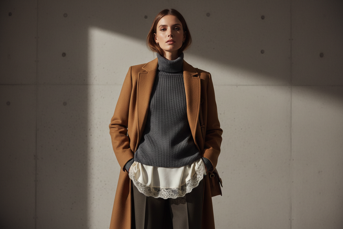 Woman wearing a charcoal turtleneck sweater layered under a camel wool coat with a lace-trim top underneath