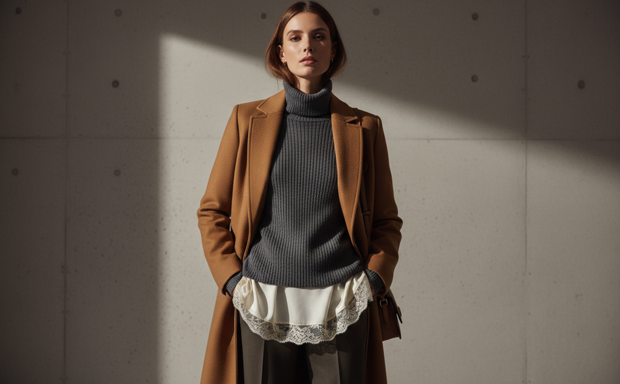Woman wearing a charcoal turtleneck sweater layered under a camel wool coat with a lace-trim top underneath