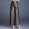 Women's high-waist PU leather wide-leg trousers by Yeha Maison, shown on a model with a stylish, modern fit.