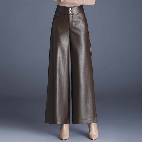 Women's high-waist PU leather wide-leg trousers by Yeha Maison, shown on a model with a stylish, modern fit.