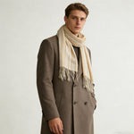 Khaki yarn-dyed long scarf from Yeha Maison, showing soft fabric and woven texture, perfect for stylish layering.
