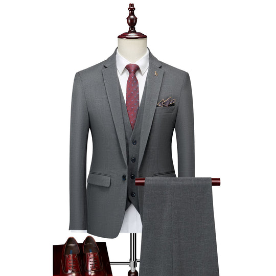 Men's slim-fit three-piece pinstripe suit by Yeha Maison, showing the tailored jacket, waistcoat, and trousers with pinstripe pattern.