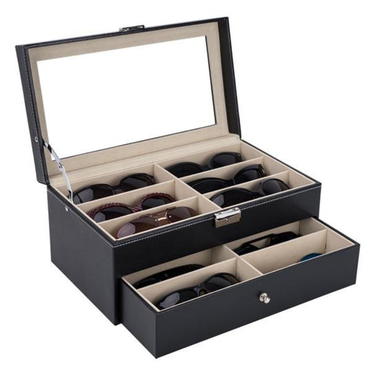 Leather eyeglasses display organizer with 12 slots, designed for accessories by Yeha Maison, showing a sleek and functional storage solution.