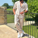Men's ribbed open-collar co-ord set by Yeha Maison, featuring a matching top and pants in a stylish ribbed design.