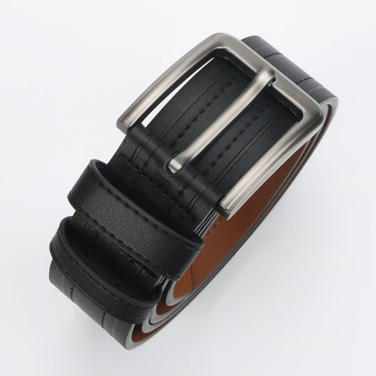 Men's black leather belt with pin-buckle closure from Yeha Maison, featuring a sleek and polished leather strap.