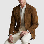 Men's suede-texture notch-lapel blazer by Yeha Maison, tailored fit with stylish lapels, shown on a mannequin.