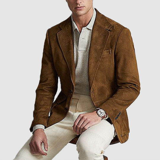 Men's suede-texture notch-lapel blazer by Yeha Maison, tailored fit with stylish lapels, shown on a mannequin.