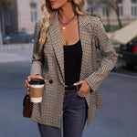 Women's houndstooth blazer with double buttons and notch lapel, stylish Yeha Maison tailored blazer.
