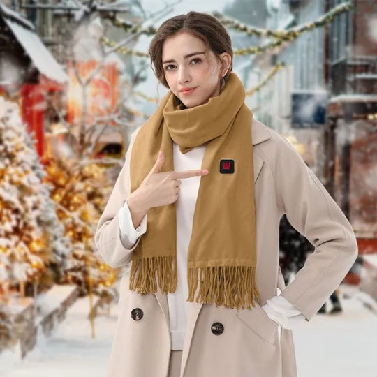 Yeha Maison USB heated winter neck wrap scarf draped around a person, showcasing its cozy, insulated design for cold weather warmth.