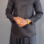 Men's Yeha Maison long-sleeve shirt with an asymmetric mandarin collar, featuring a stylish and modern design.