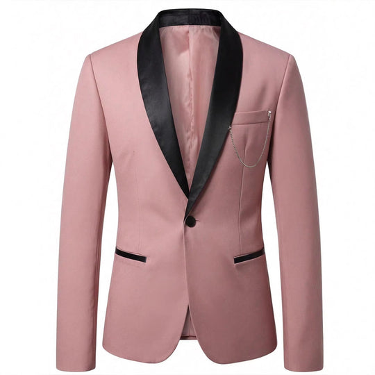 Men's blush satin shawl-lapel tuxedo blazer by Yeha Maison, featuring a tailored fit and elegant satin finish.