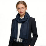Navy herringbone jacquard weave scarf from Yeha Maison, showcasing textured fabric and classic pattern for stylish warmth.