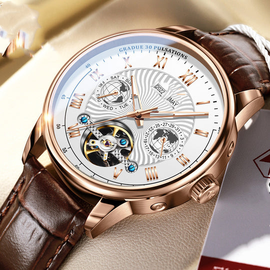 Men's rose gold Yeha Maison tourbillon multi-complication automatic watch with visible intricate dial and elegant design.