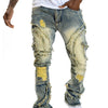 Men's patchwork fringe flared jeans by Yeha Maison, showing detailed patchwork designs and fringed hems on relaxed-fit denim.