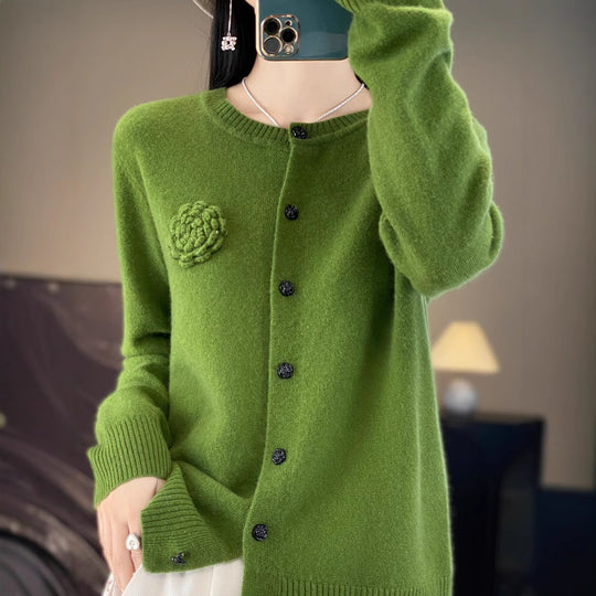 Women's wool-blend knit cardigan with 3D rose appliqué, Yeha Maison sweater featuring floral embroidery and cozy design.