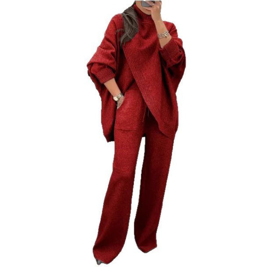 Women's tonal knit cardigan and wide-leg trousers set by Yeha Maison, featuring a cozy knit fabric and relaxed fit.
