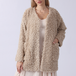 Women's curly plush open-front jacket by Yeha Maison, showing a cozy, textured jacket with a relaxed fit and open front design.