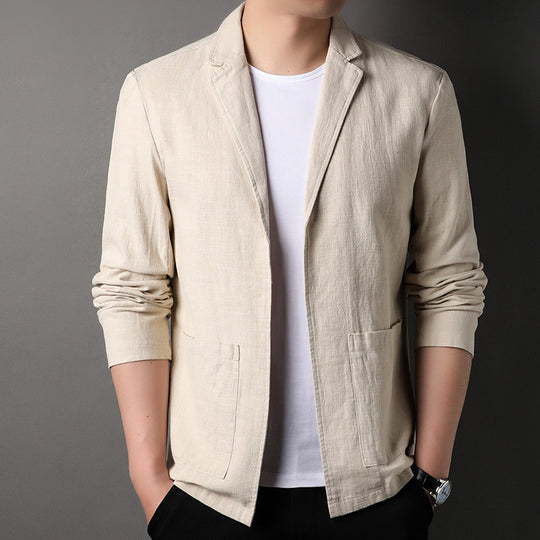 Men’s linen blazer with unstructured fit and notch lapel from Yeha Maison, shown in a neutral color against a plain background.