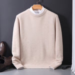 Men's pure wool round-neck pullover sweater by Yeha Maison, featuring a classic knitwear design in neutral tones.
