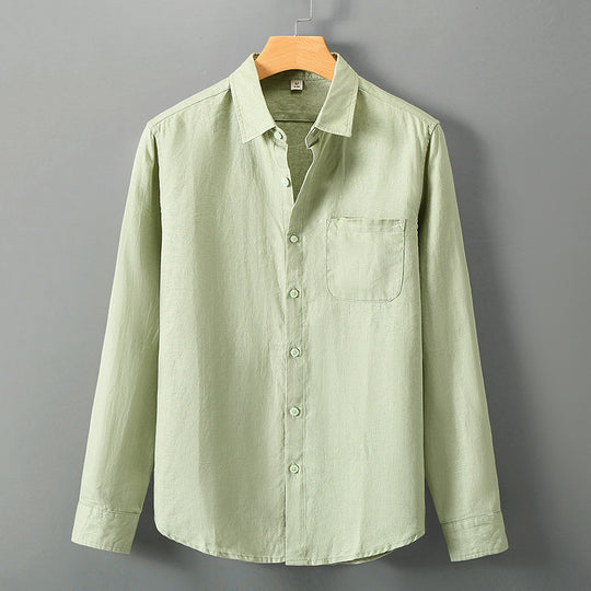 Men's loose linen long-sleeve casual shirt by Yeha Maison, shown in natural fabric with relaxed fit and button-down front.