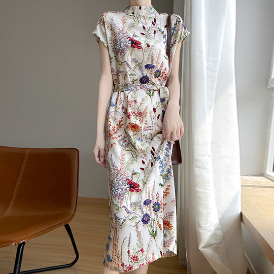Women's botanical print silk midi dress with Mandarin collar by Yeha Maison, showcasing elegant floral design and flowing fabric.