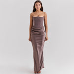 Elegant women's strapless draped mermaid evening gown by Yeha Maison, featuring a fitted silhouette and flowing fabric.