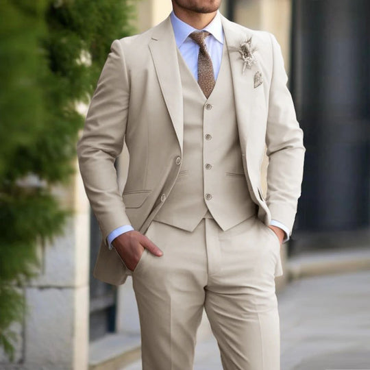 Men's classic slim-fit three-piece suit by Yeha Maison, featuring a tailored jacket, vest, and matching trousers in dark fabric.