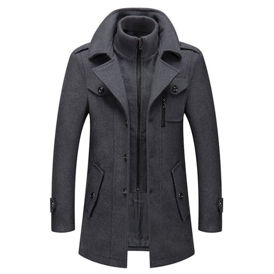Men's slim-fit wool blend coat with detachable inner collar, stylish outerwear from Yeha Maison, shown in a front view.