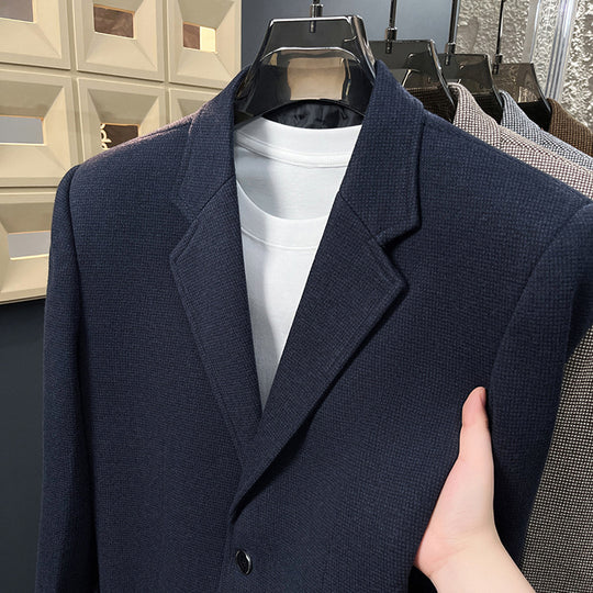 Men's relaxed-fit heavy wool blazer by Yeha Maison, shown in dark gray with notch lapels and tailored fit.