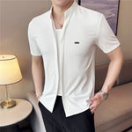 Men's waffle texture stand collar short sleeve shirt by Yeha Maison, shown in a stylish men's top with a textured fabric and collar detail.