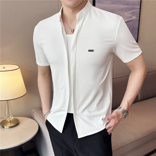 Men's waffle texture stand collar short sleeve shirt by Yeha Maison, shown in a stylish men's top with a textured fabric and collar detail.