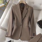 Women's tailored single-button blazer suit set by Yeha Maison, featuring a fitted blazer and matching trousers for professional style.