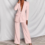 Yeha Maison women's lapel blazer and straight-leg trouser suit, tailored fit, dark fabric, shown on a model.