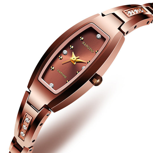 Women's waterproof tungsten steel quartz watch by Yeha Maison, with a sleek round dial and metal bracelet strap.