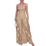 Women's laser-cut corset tube top and wide-leg trousers set by Yeha Maison, stylish matching fashion ensemble.
