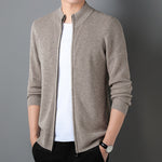 Men's slim fit stand collar zip knitted cardigan from Yeha Maison, front view showing the tailored design and ribbed cuffs.