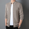 Men's slim fit stand collar zip knitted cardigan from Yeha Maison, front view showing the tailored design and ribbed cuffs.