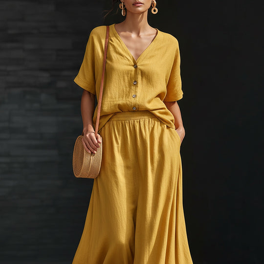 Women's linen-look V-neck button top and A-line maxi skirt set by Yeha Maison, casual and stylish outfit for warm weather.