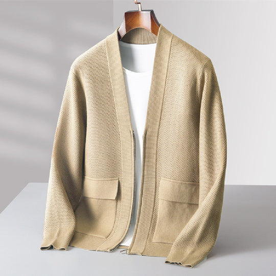 Men's waffle-knit open-front zip cardigan sweater by Yeha Maison, showing the textured knit fabric and front zipper detail.