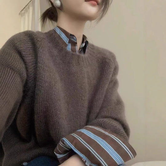 Women's oversized crew-neck cashmere sweater by Yeha Maison, soft beige knit pullover with relaxed fit and cozy texture.
