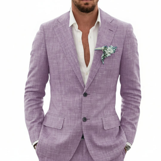 Men's slim-fit linen two-piece suit by Yeha Maison, featuring a tailored blazer and matching trousers in lightweight linen fabric.