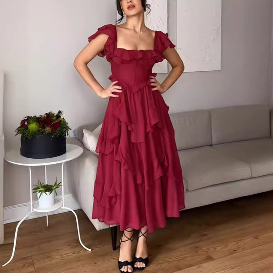 Women's backless ruffle corset midi dress by Yeha Maison, featuring a fitted design with ruffle details and a stylish backless style.