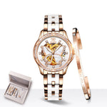 Yeha Maison women's automatic mechanical watch inside elegant gift box, showcasing a stylish timepiece with a leather strap and silver dial.