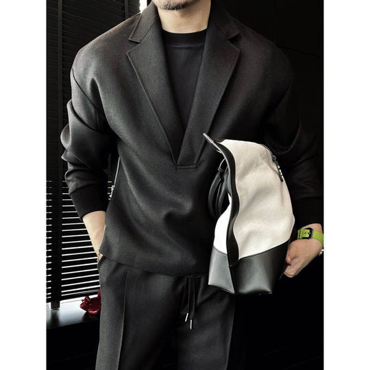 Men's asymmetric V-neck knit blazer two-piece co-ord set by Yeha Maison, featuring a stylish V-neck blazer and matching bottoms.