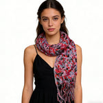 Red floral print flowy long scarf from Yeha Maison with vibrant flower designs and lightweight, soft fabric.