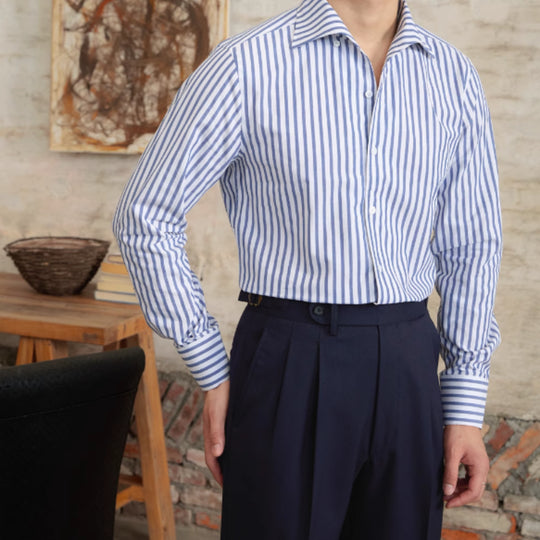 Yeha Maison commuter cotton striped slim shirt, men's tops with blue and white vertical stripes, casual and stylish.