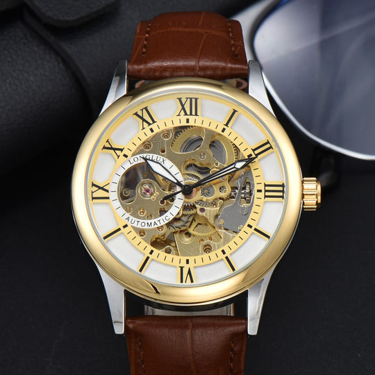 Men's Skeleton Automatic Mechanical Watch by Yeha Maison with visible intricate dial and stainless steel strap.