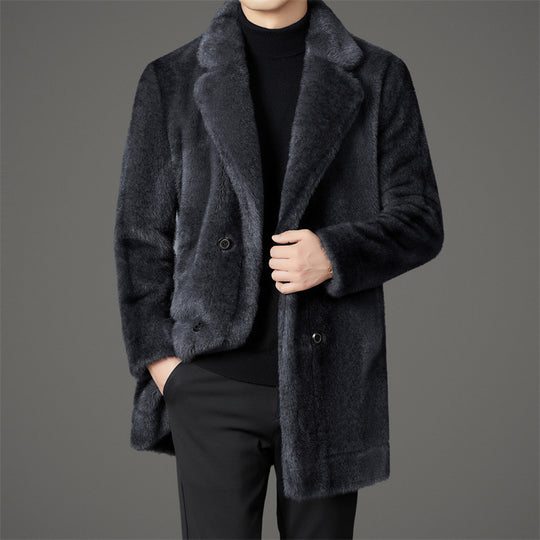 Men's double-breasted long coat with mink-texture fabric from Yeha Maison, featuring a stylish, tailored design and wide lapels.