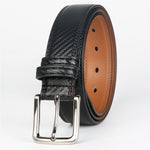 Men's black leather belt with swivel pin-buckle from Yeha Maison, featuring a sleek design and sturdy leather strap.