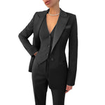 Women's satin lapel blazer three-piece power suit by Yeha Maison, featuring a tailored blazer, matching pants, and top.